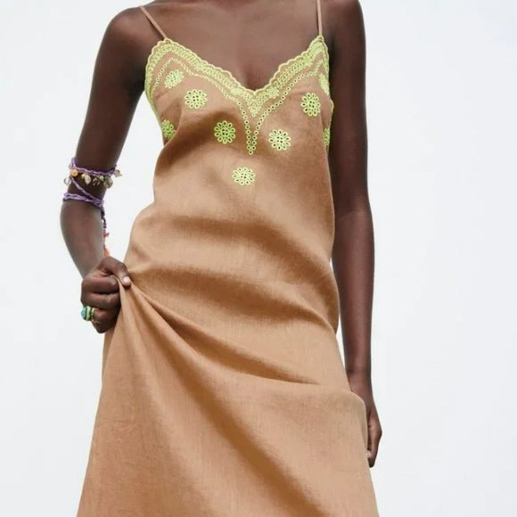NWT Zara Embroidered Linen Slip Midi Dress size S - Picture 3 of 13